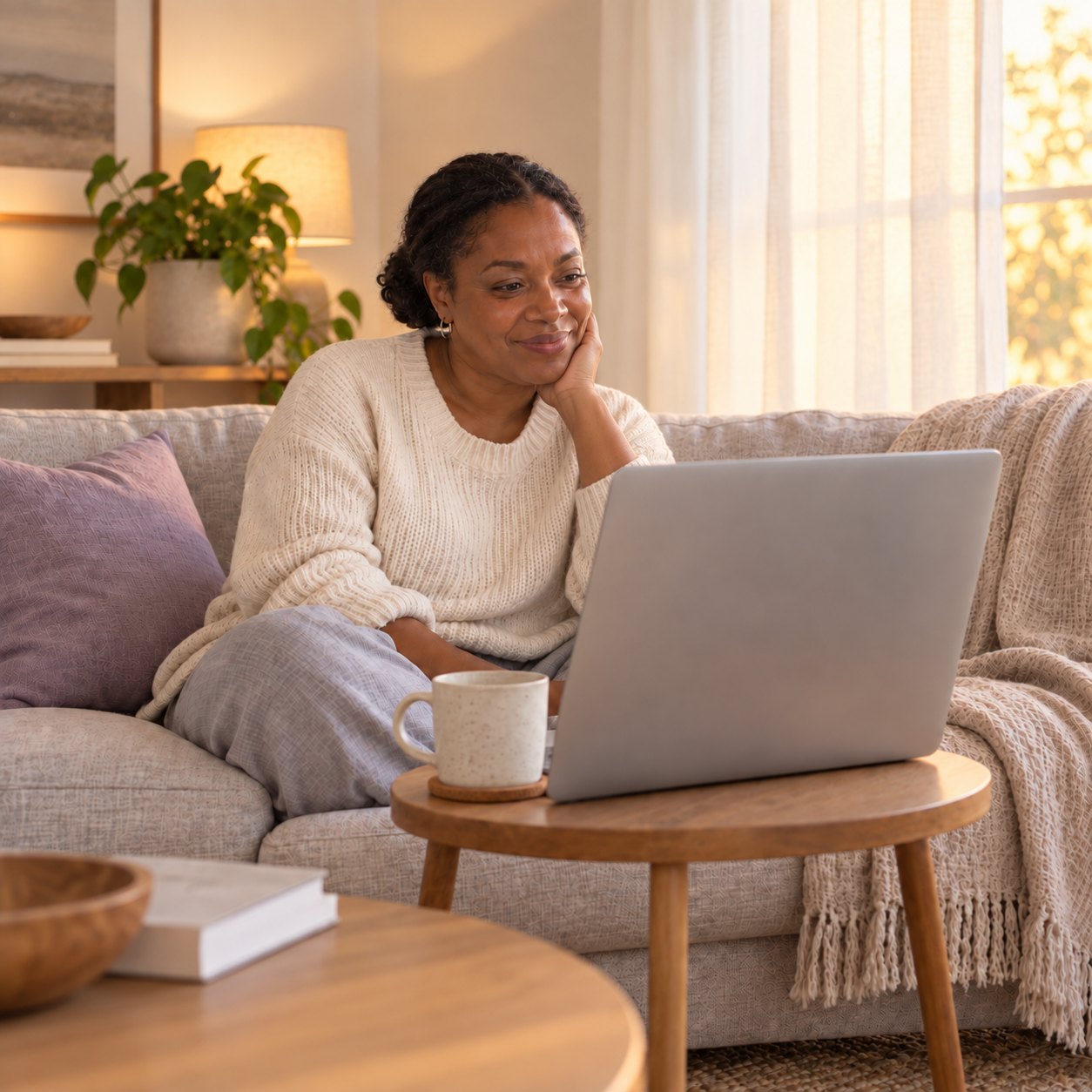 A woman relaxing on her sofa at home during a video visit